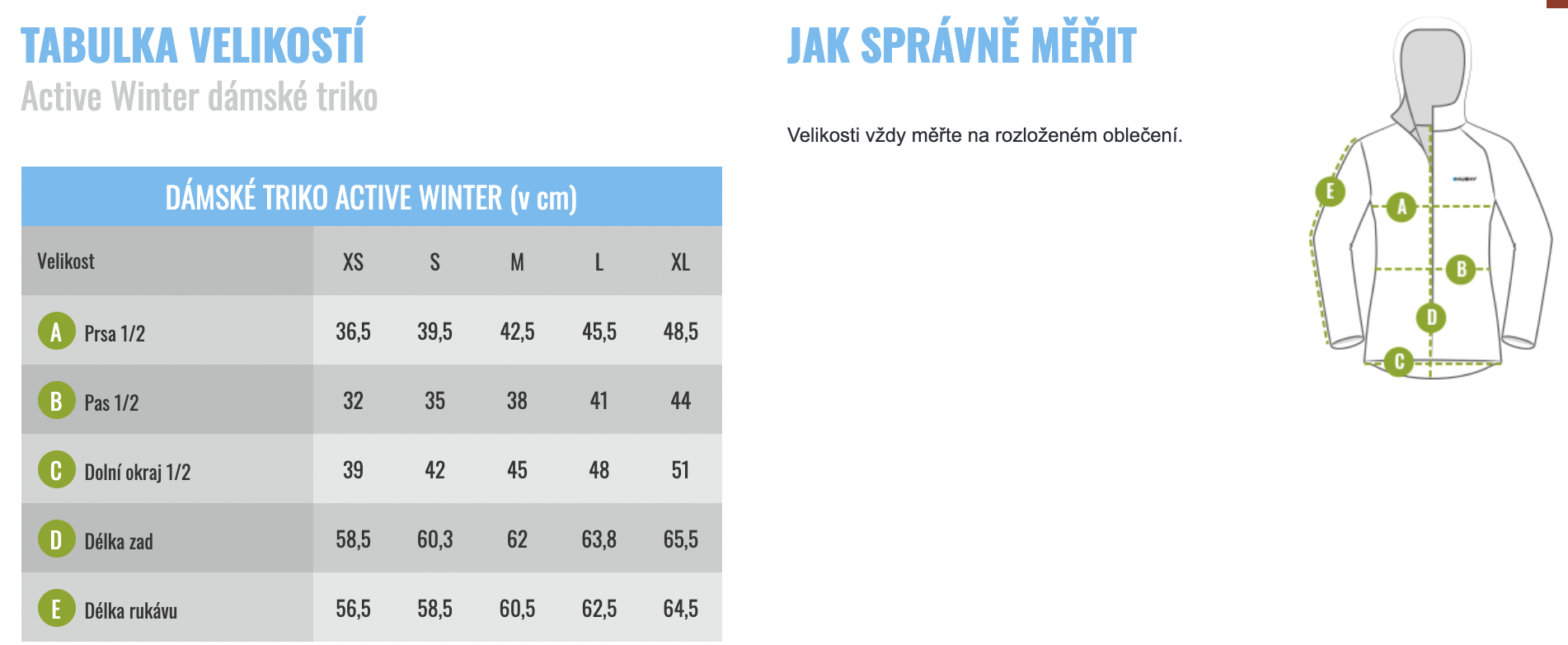 velikostni tabulka damskeho tricka Husky Active Winter
